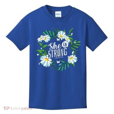 Christian Bible Verse She Is Strong Proverbs 3125 Flower Kids T-Shirt
