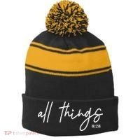 Christian Bible Verse Romans All Things Faith Religious Stripe Pom Pom Beanie thumb 0