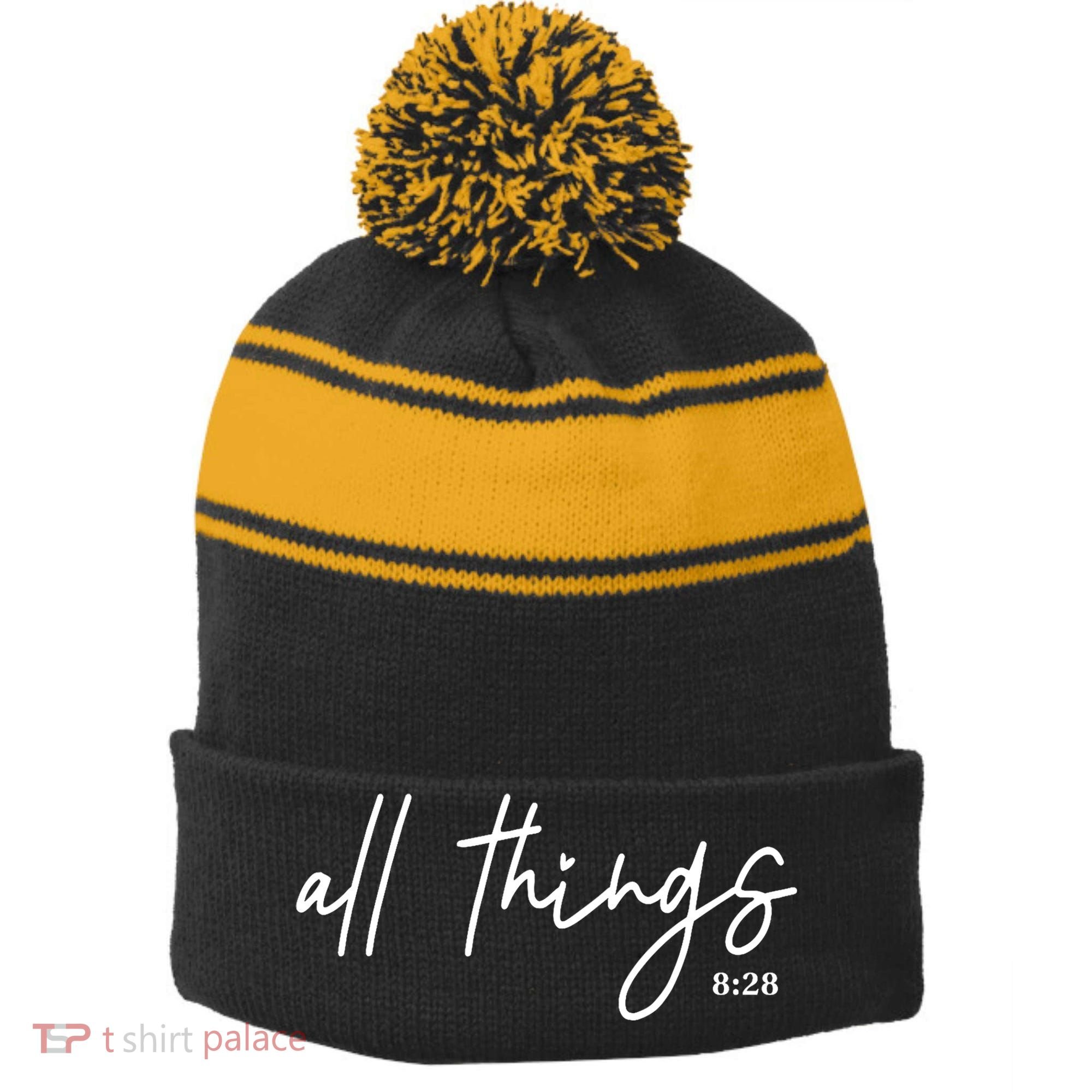 Christian Bible Verse Romans All Things Faith Religious Stripe Pom Pom Beanie