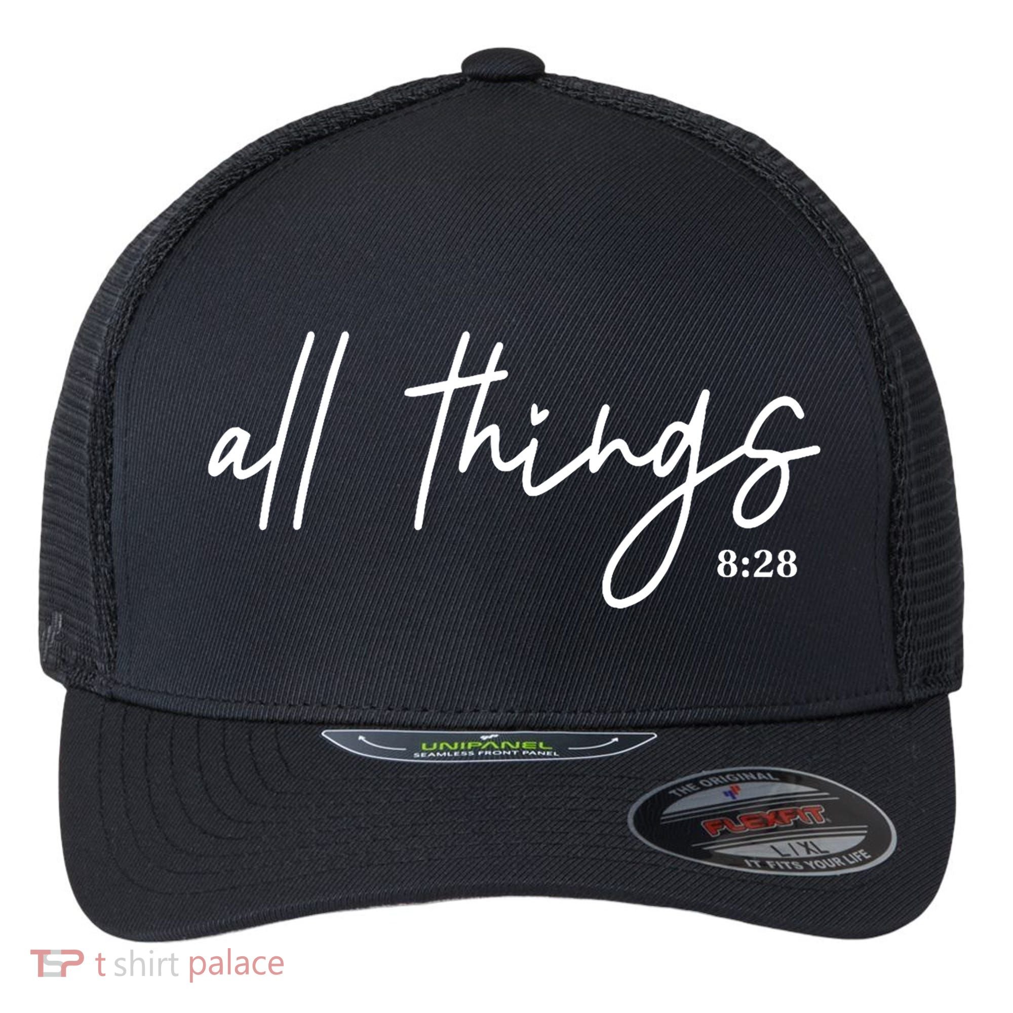 Christian Bible Verse Romans All Things Faith Religious Flexfit Unipanel Trucker Cap