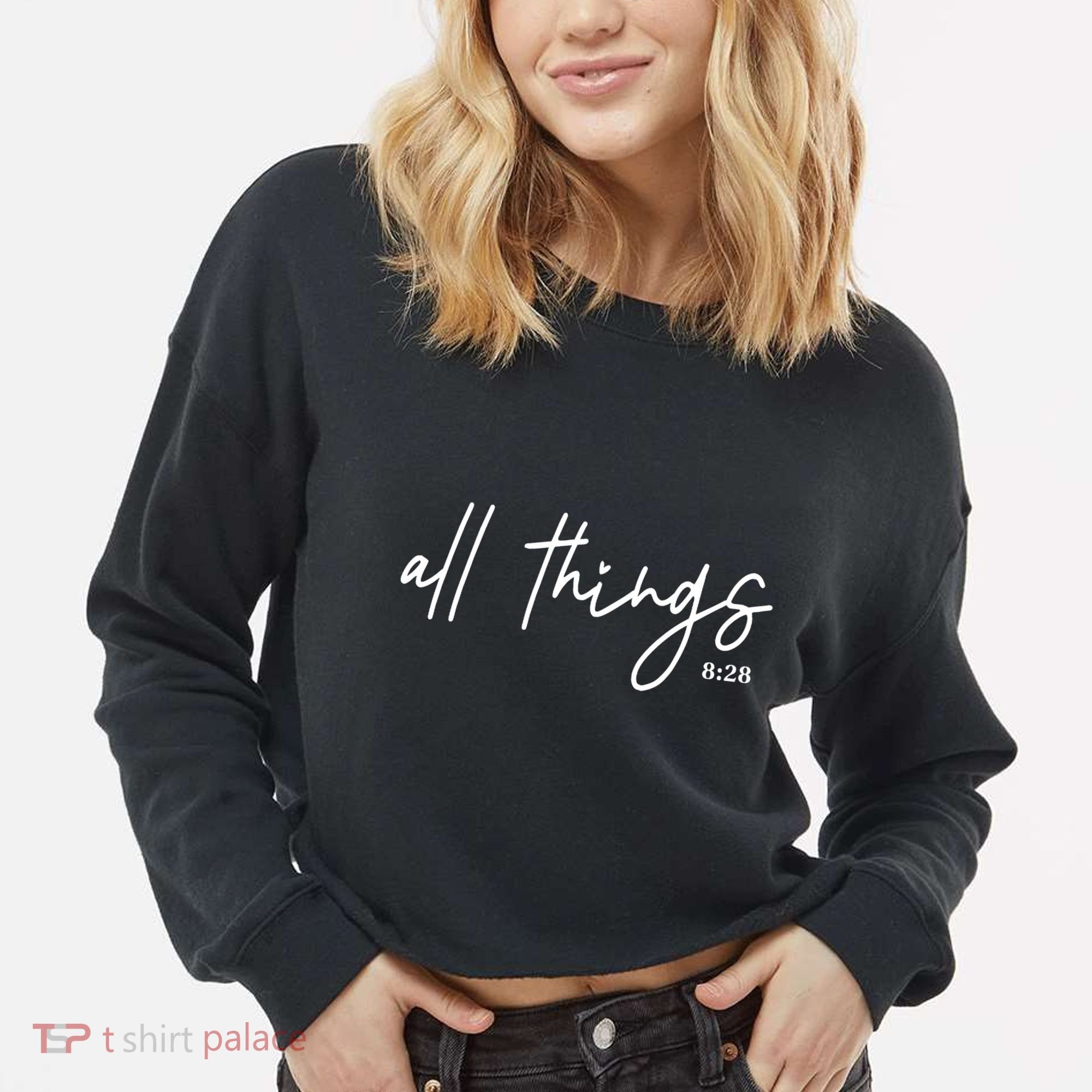 Christian Bible Verse Romans All Things Faith Religious Cropped Pullover Crew