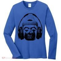 Chilling Buddha With Headphones Music Dj Great Gift Women's Long Sleeve Shirt thumb 0