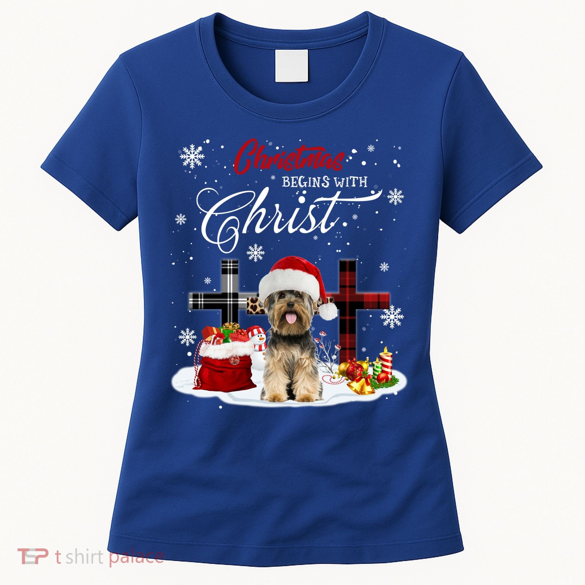 Christmas Begins With Christ Yorkie Christmas Cross Cute Gift Women's T-Shirt