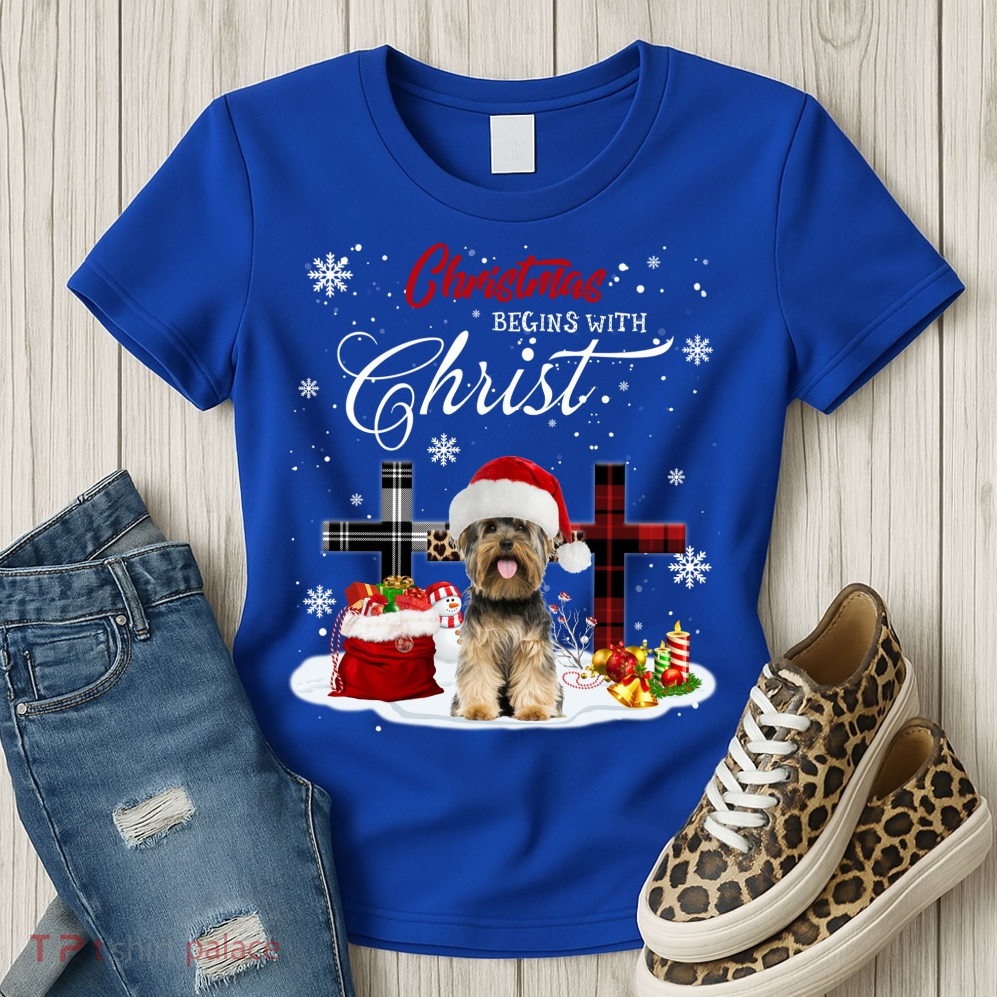 Christmas Begins With Christ Yorkie Christmas Cross Cute Gift Women's T-Shirt