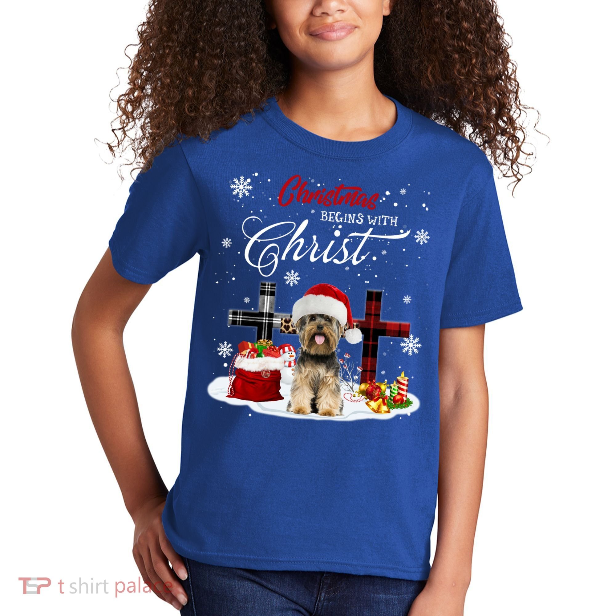 Christmas Begins With Christ Yorkie Christmas Cross Cute Gift Kids T-Shirt