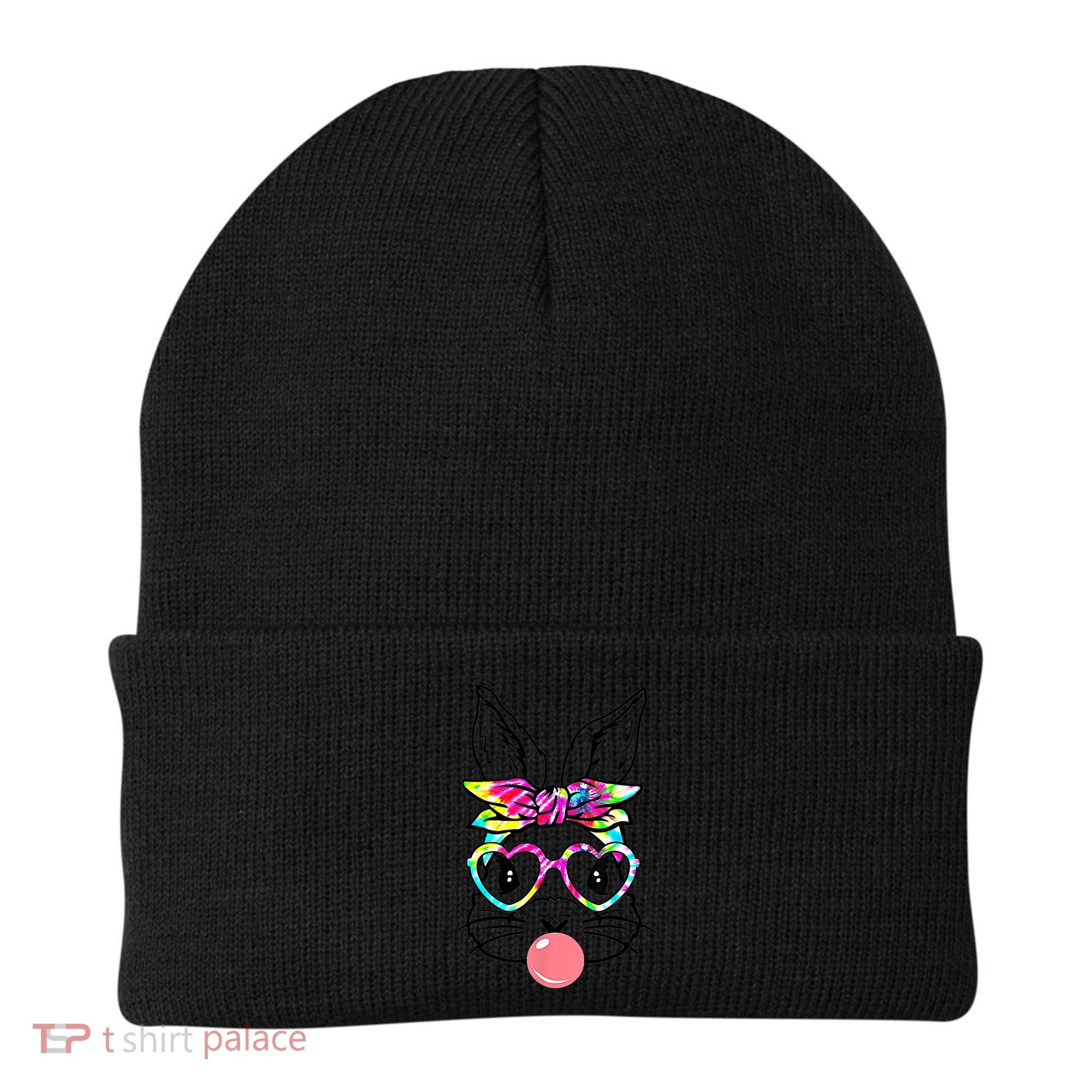 Cute Bunny With Bandana Heart Glasses Bubblegum Easter Day Gift Beanie
