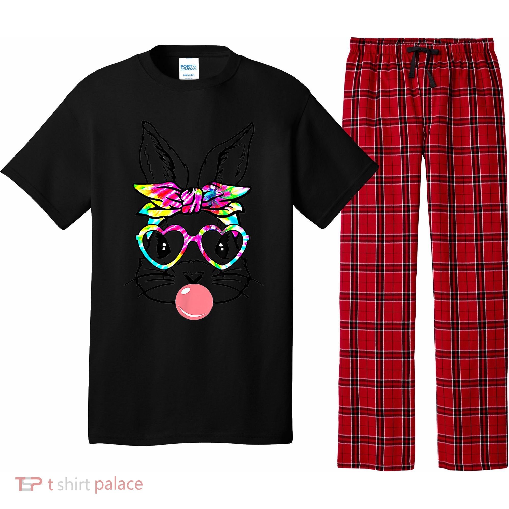 Cute Bunny With Bandana Heart Glasses Bubblegum Easter Day Gift Pajama Set