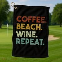 Coffee Beach Wine Repeat Funny Retro Beach Golf Towel thumb 1