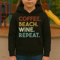 Coffee Beach Wine Repeat Funny Retro Beach Kids Hoodie thumb 3