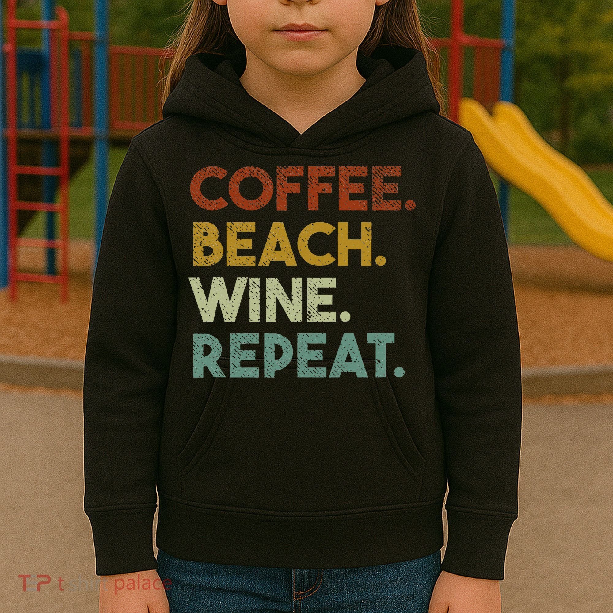 Coffee Beach Wine Repeat Funny Retro Beach Kids Hoodie