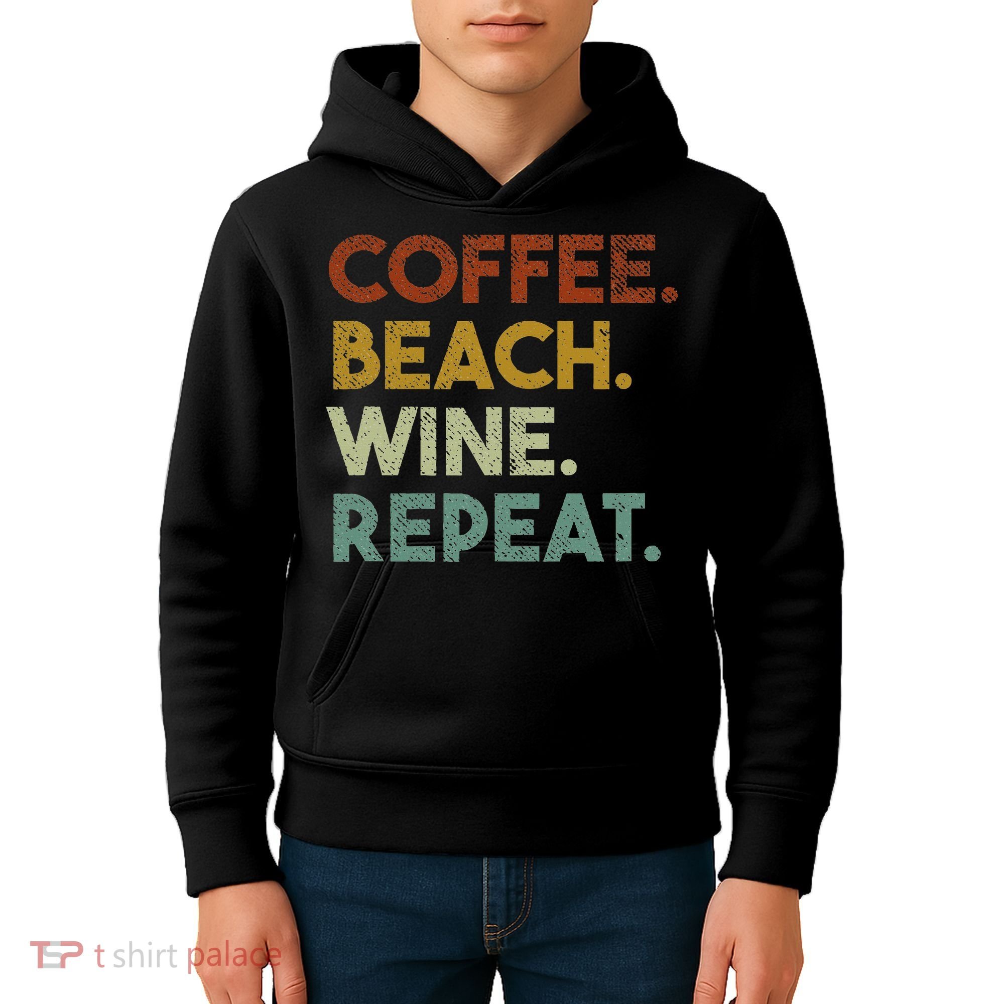 Coffee Beach Wine Repeat Funny Retro Beach Kids Hoodie