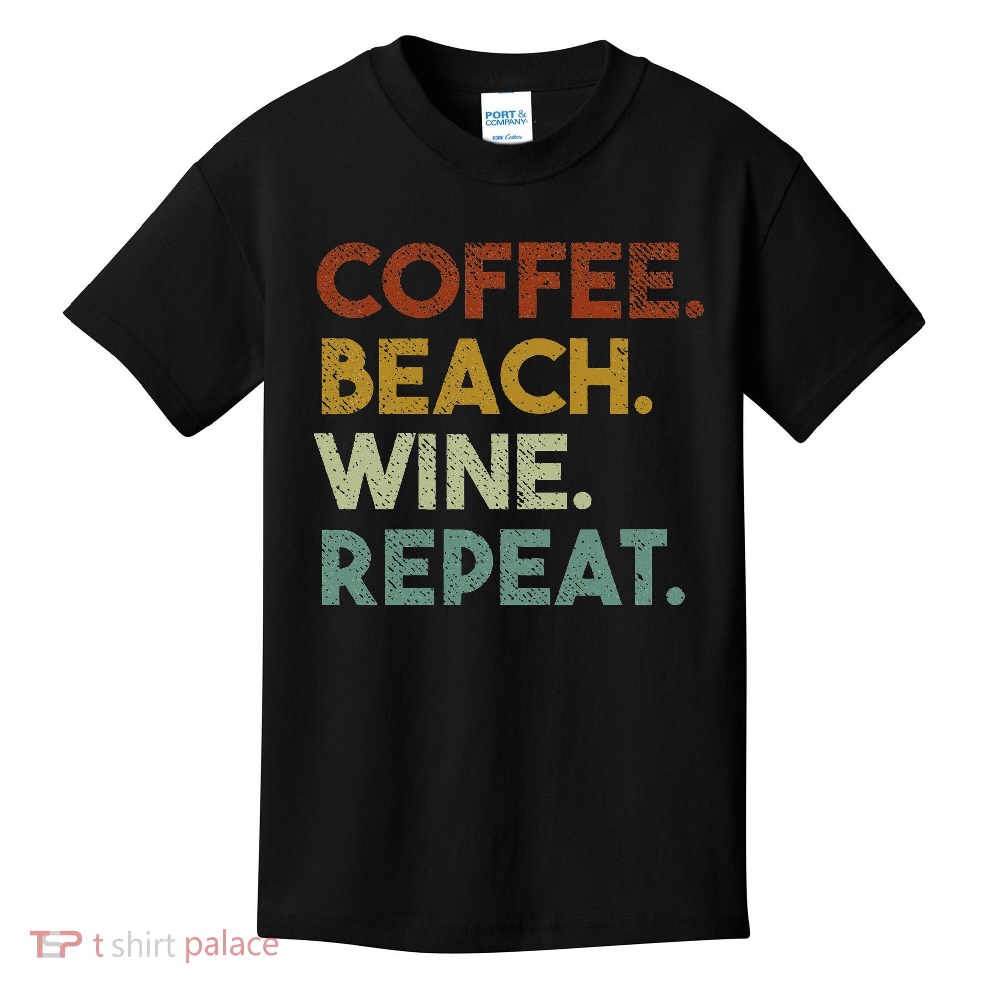 Coffee Beach Wine Repeat Funny Retro Beach Kids T-Shirt