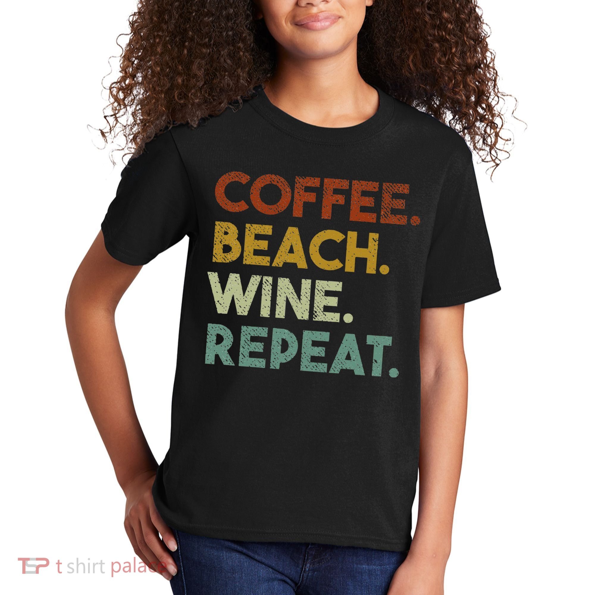 Coffee Beach Wine Repeat Funny Retro Beach Kids T-Shirt