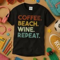 Coffee Beach Wine Repeat Funny Retro Beach Kids T-Shirt thumb 3