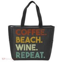 Coffee Beach Wine Repeat Funny Retro Beach Tote Bag thumb 0
