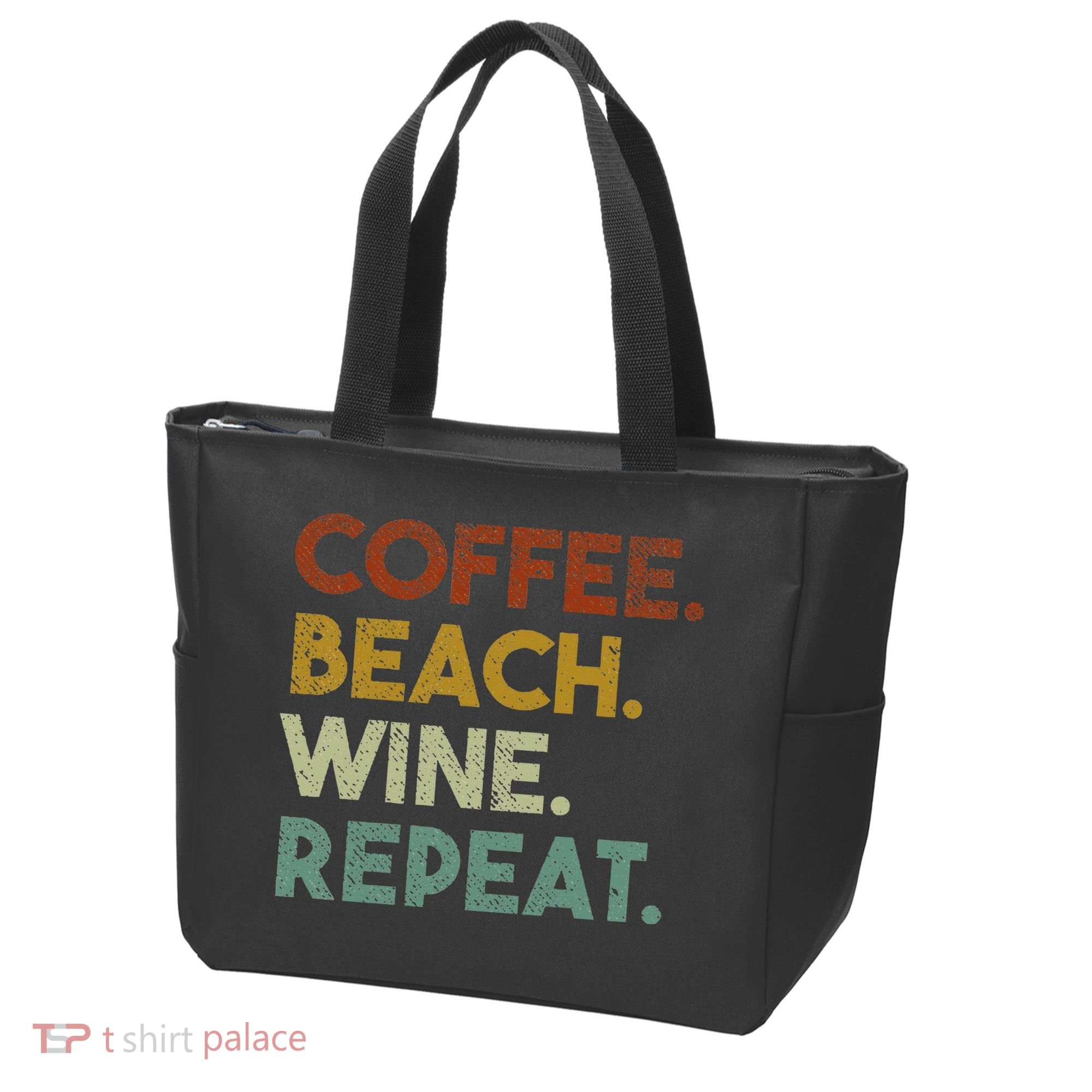 Coffee Beach Wine Repeat Funny Retro Beach Tote Bag