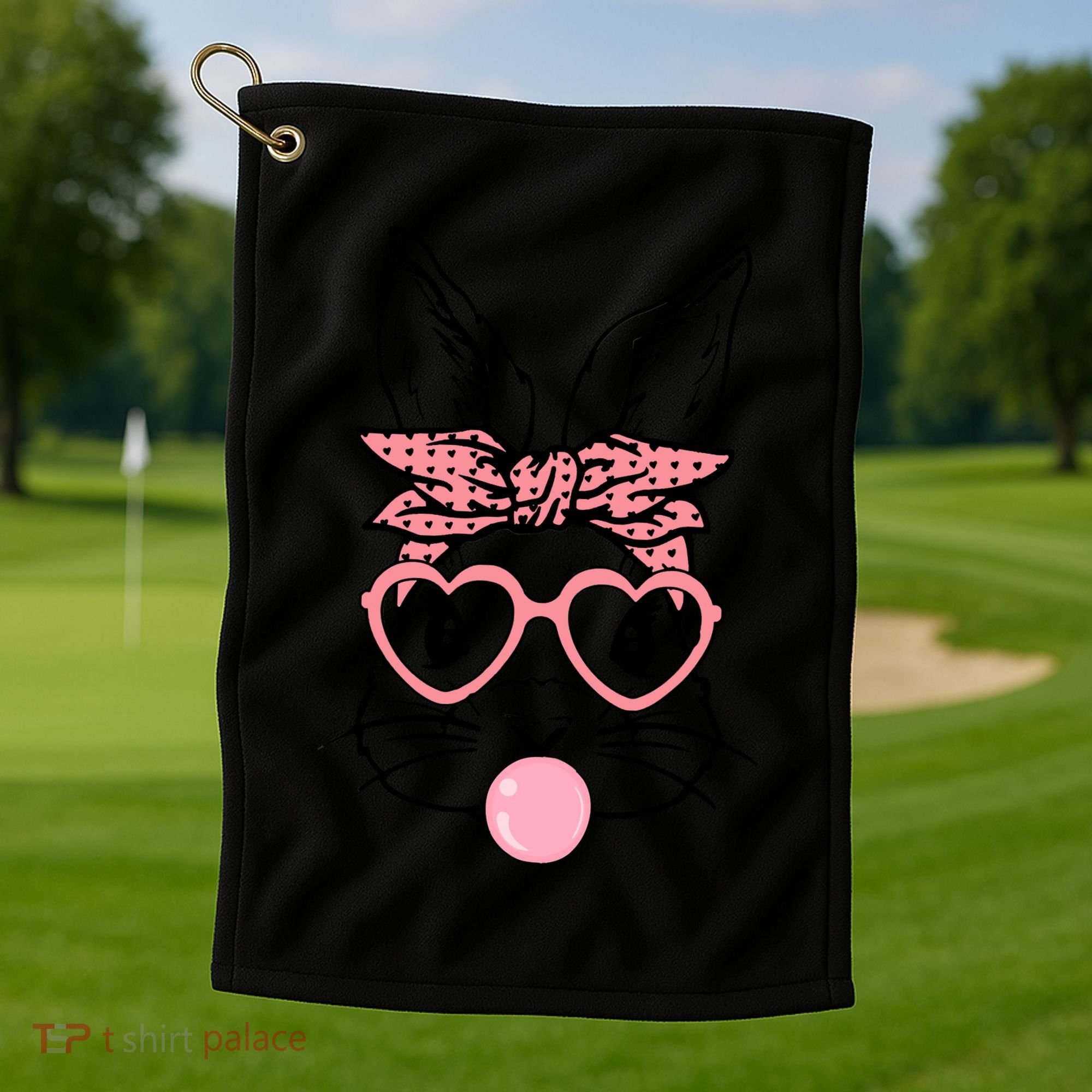 Cute Bunny With Bandana Heart Glasses Bubblegum Easter Day Golf Towel