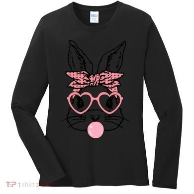 Cute Bunny With Bandana Heart Glasses Bubblegum Easter Day Women's Long Sleeve Shirt