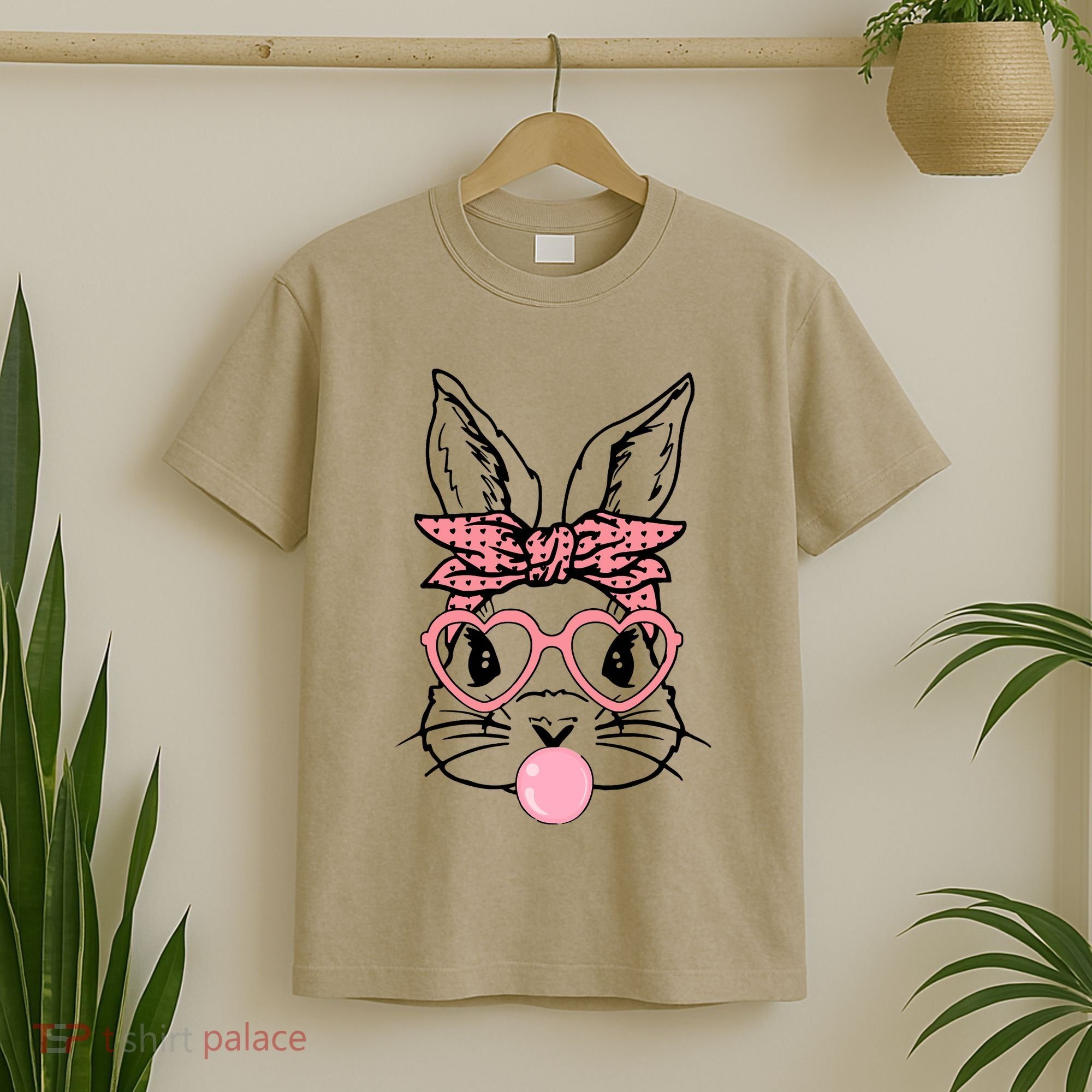 Cute Bunny With Bandana Heart Glasses Bubblegum Easter Day T-Shirt