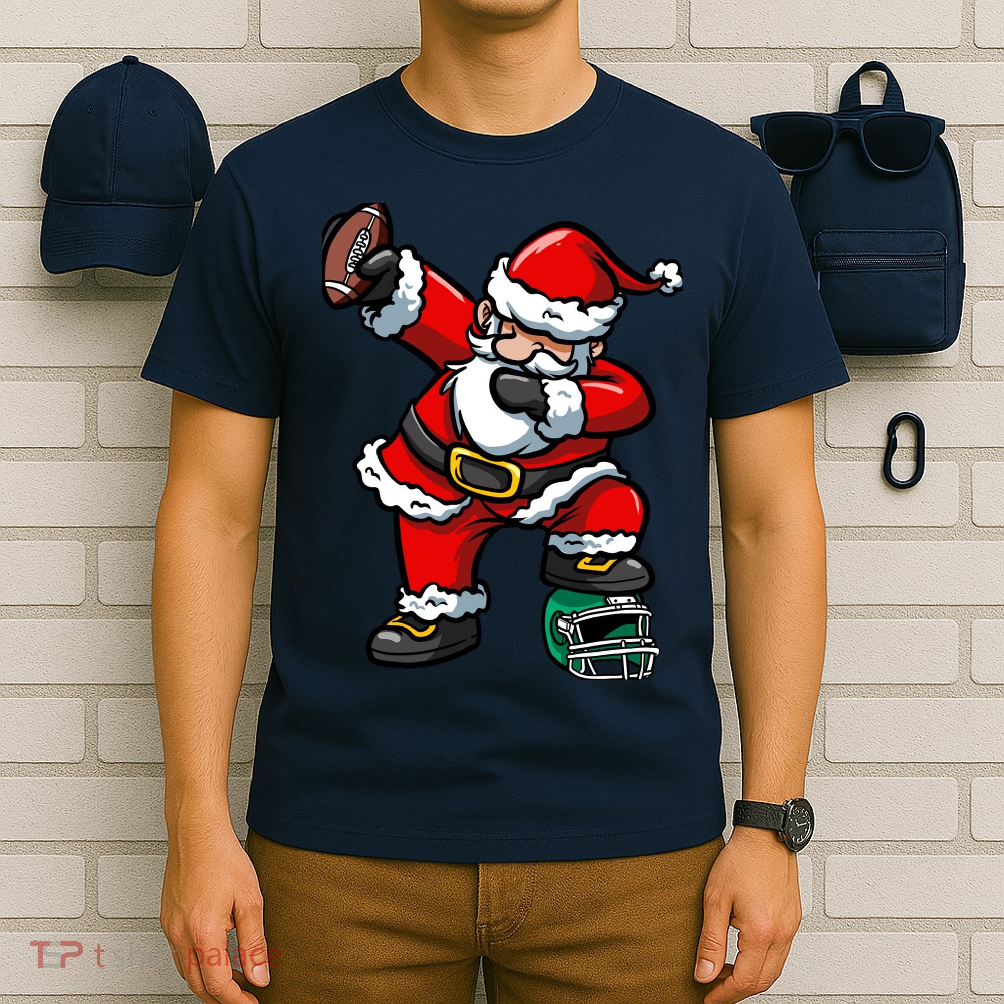 Christmas Boy Xmas Dabbing Santa Claus Football T-Shirt