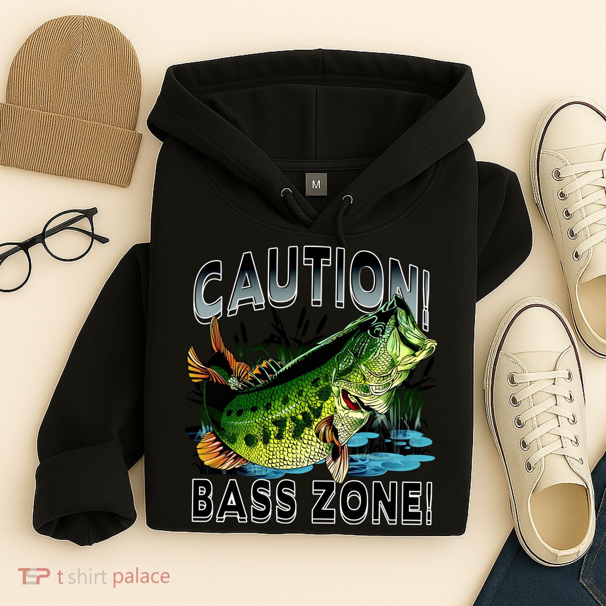 Caution Bass Zone Funny Fishing Hoodie