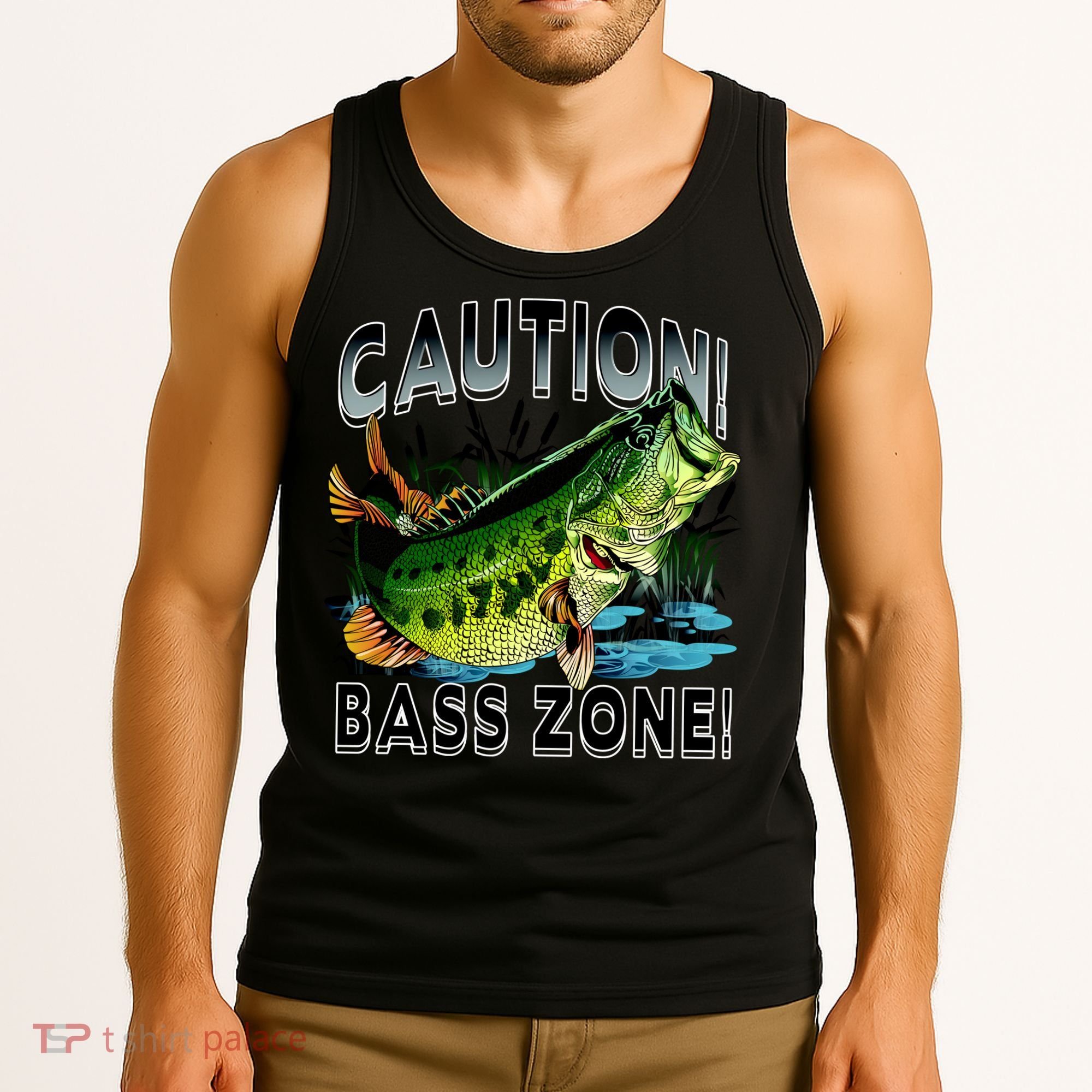 Caution Bass Zone Funny Fishing Tank Top