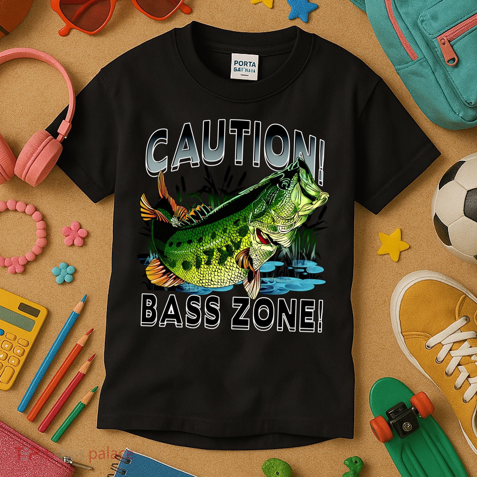 Caution Bass Zone Funny Fishing Kids T-Shirt