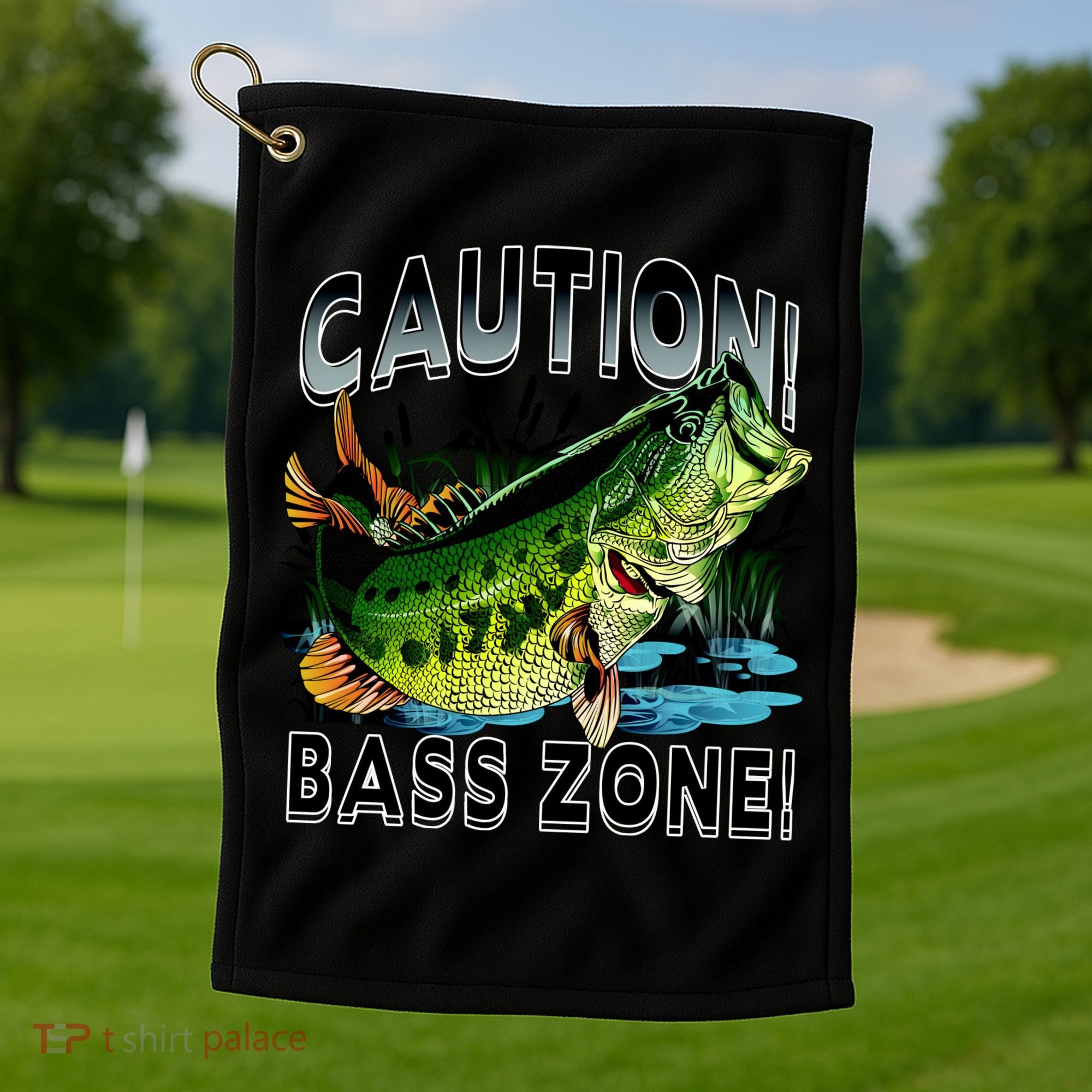 Caution Bass Zone Fishing Golf Towel