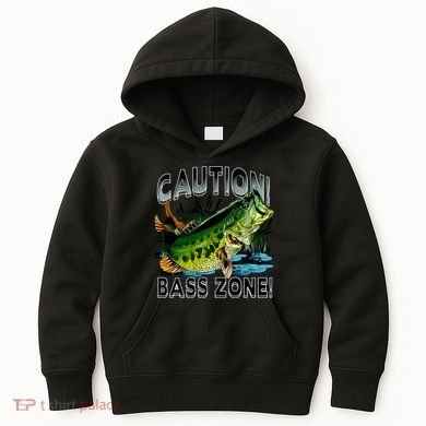 Caution Bass Zone Fishing Kids Hoodie