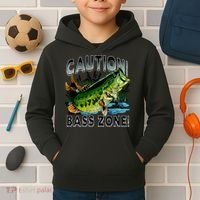 Caution Bass Zone Fishing Kids Hoodie thumb 2