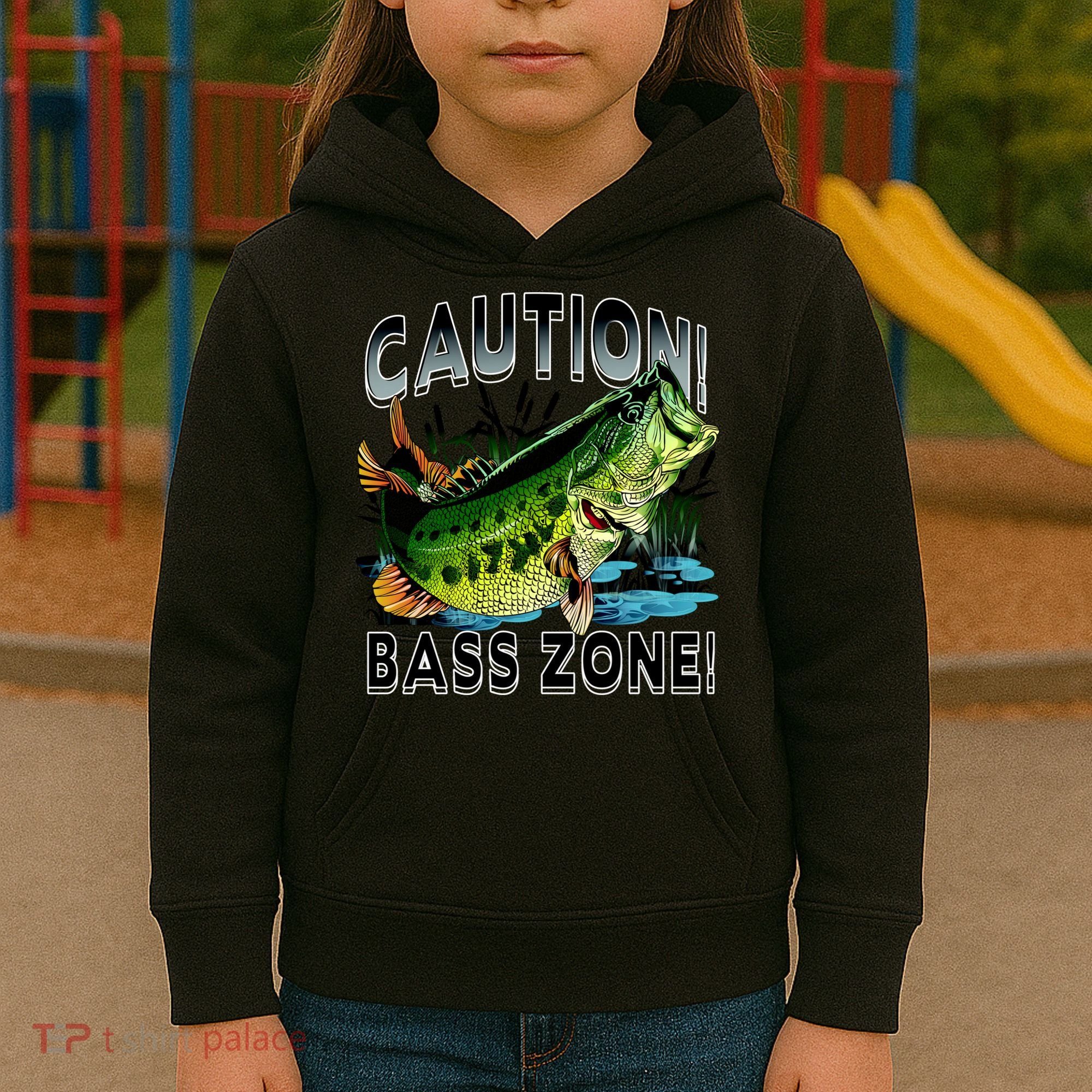 Caution Bass Zone Fishing Kids Hoodie