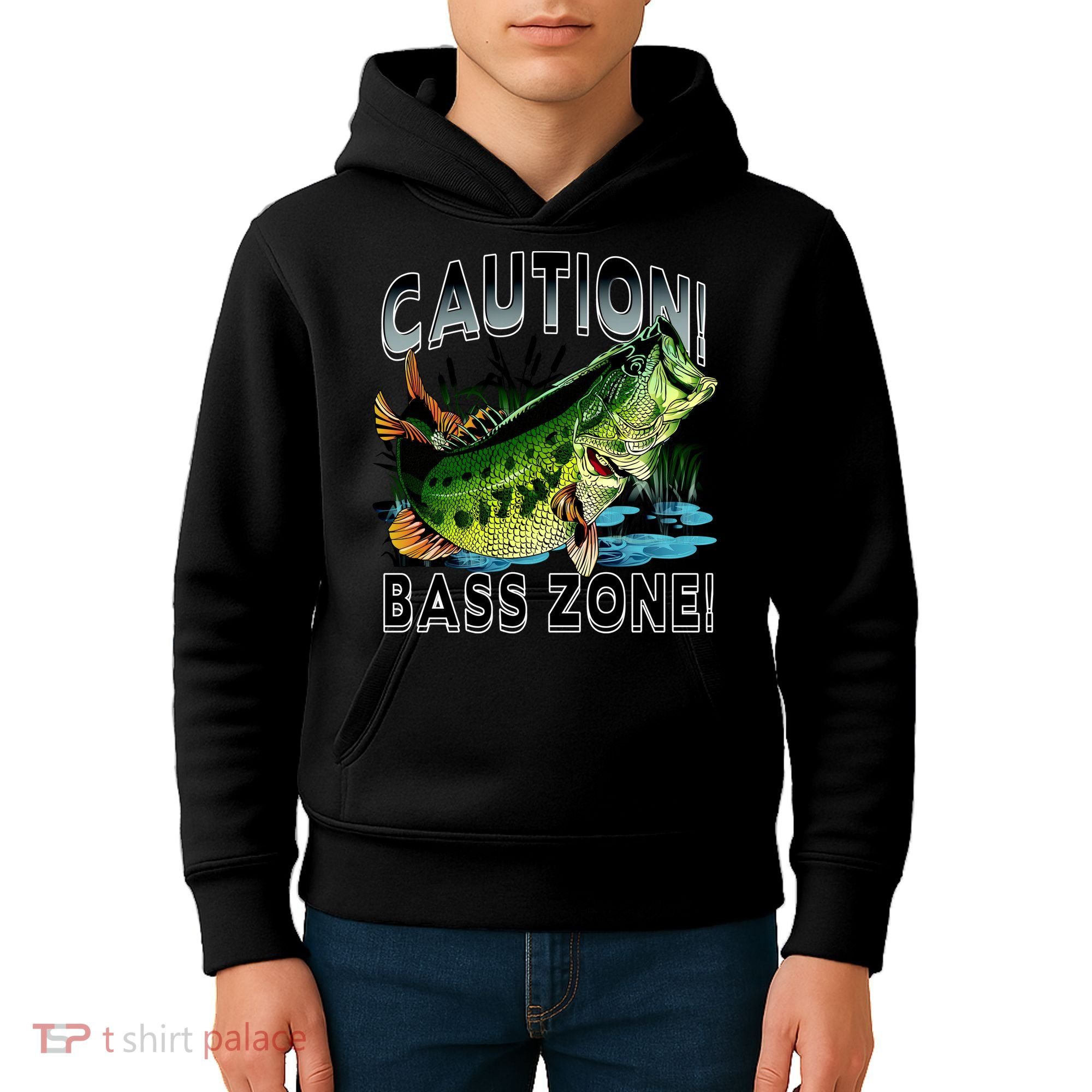 Caution Bass Zone Fishing Kids Hoodie