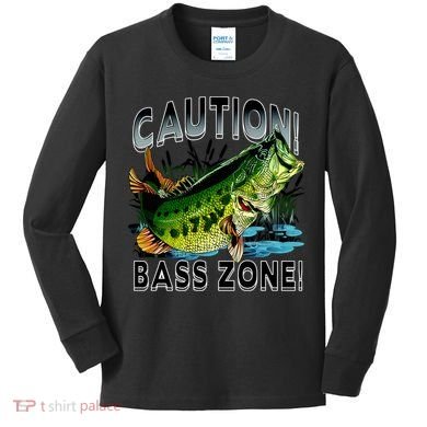 Caution Bass Zone Fishing Kids Long Sleeve Shirt