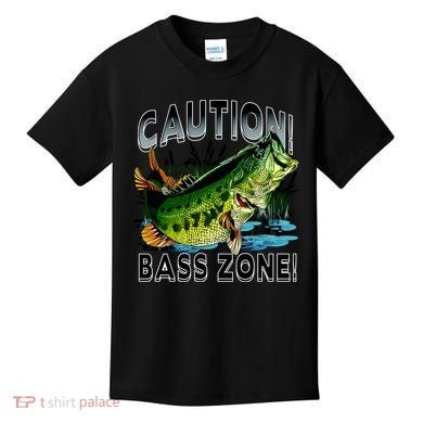 Caution Bass Zone Fishing Kids T-Shirt