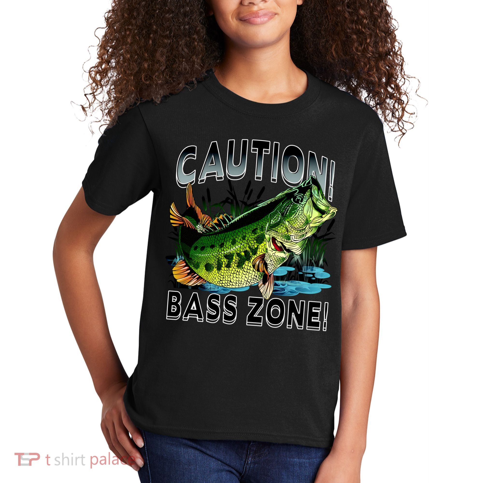 Caution Bass Zone Fishing Kids T-Shirt