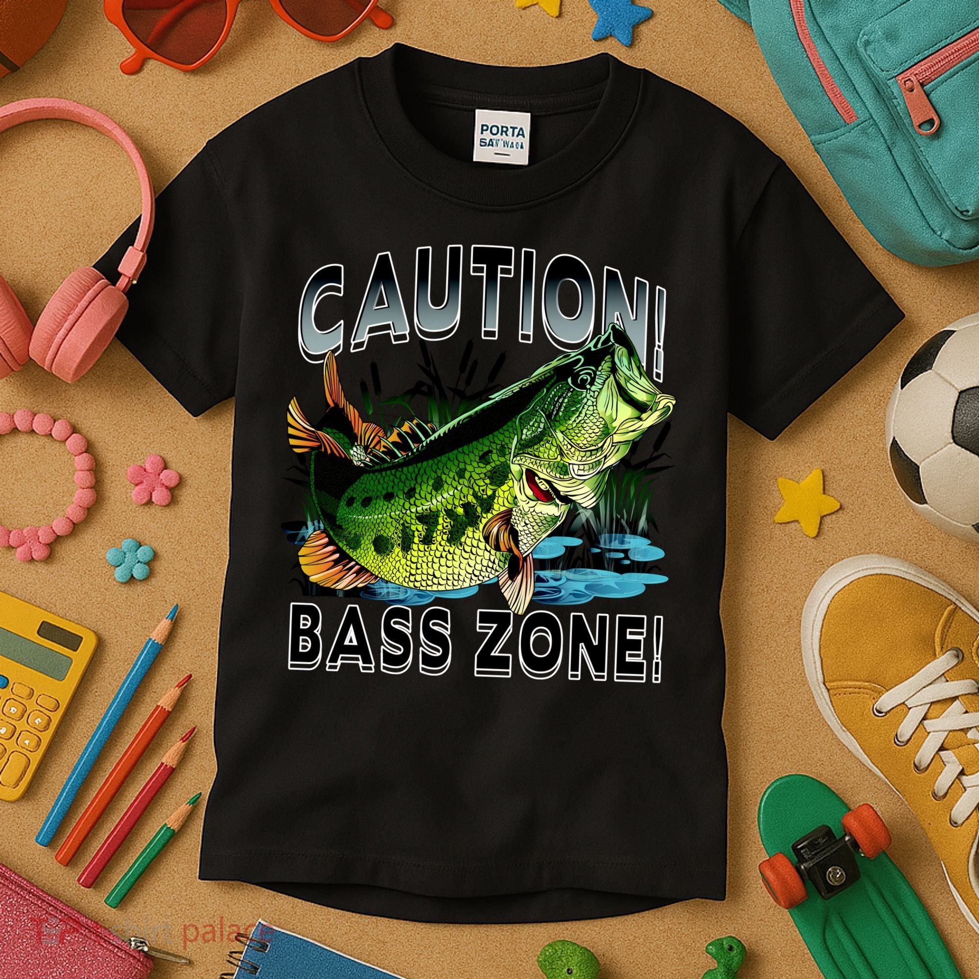 Caution Bass Zone Fishing Kids T-Shirt