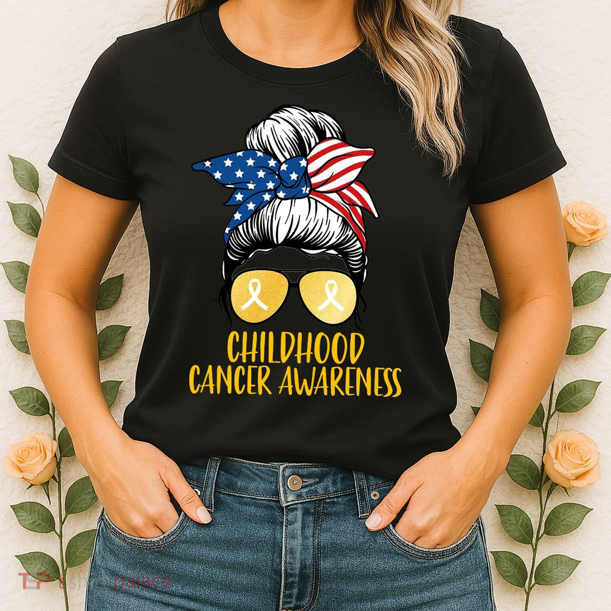 Childhood Cancer Awareness Gold Ribbon Messy Bun Women's T-Shirt