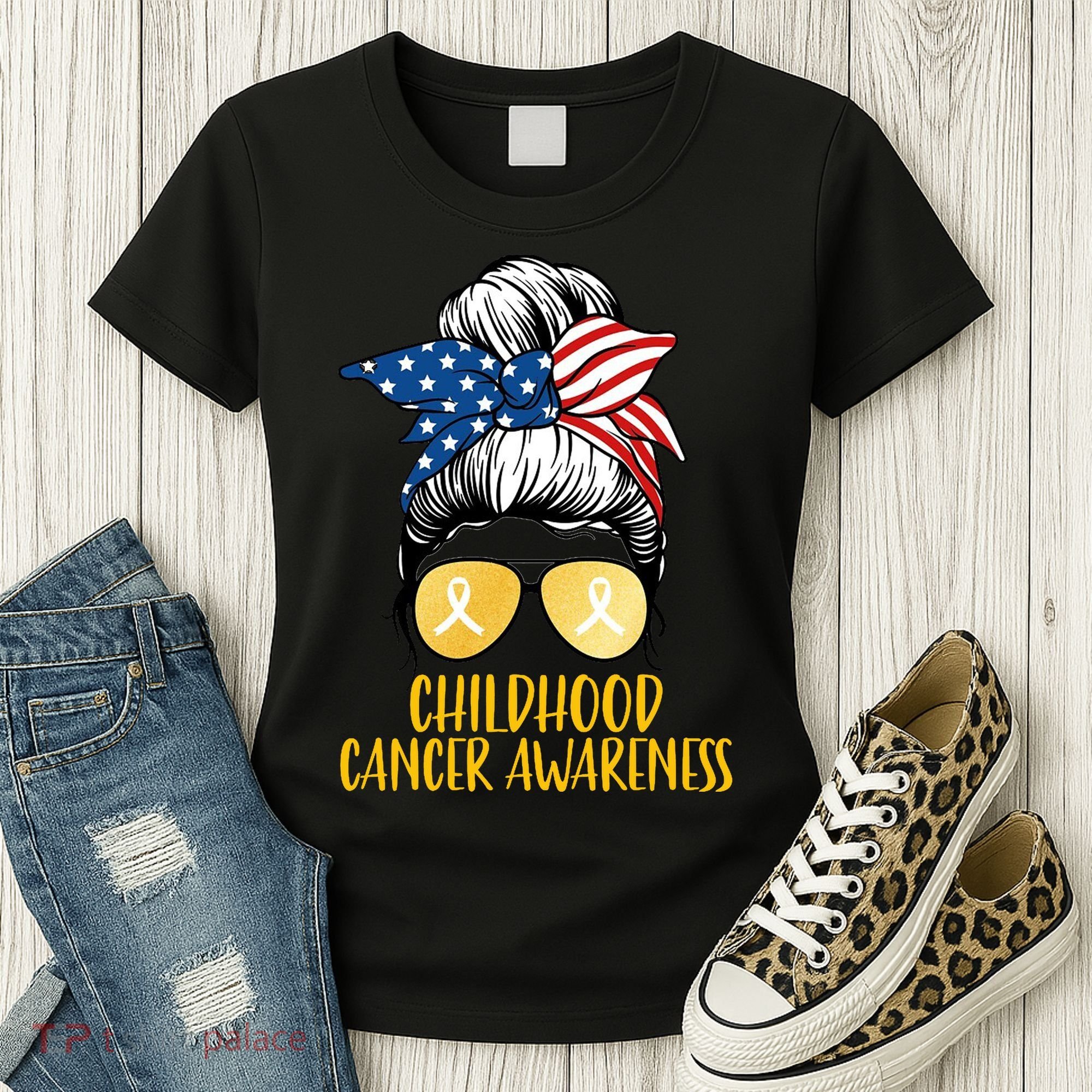 Childhood Cancer Awareness Gold Ribbon Messy Bun Women's T-Shirt
