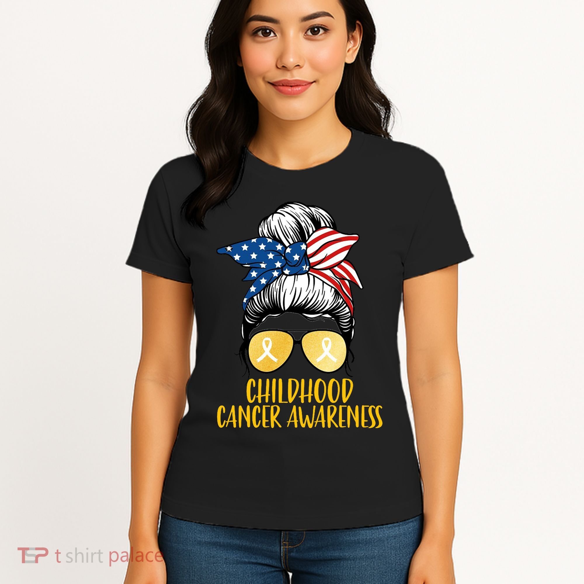 Childhood Cancer Awareness Gold Ribbon Messy Bun Women's T-Shirt
