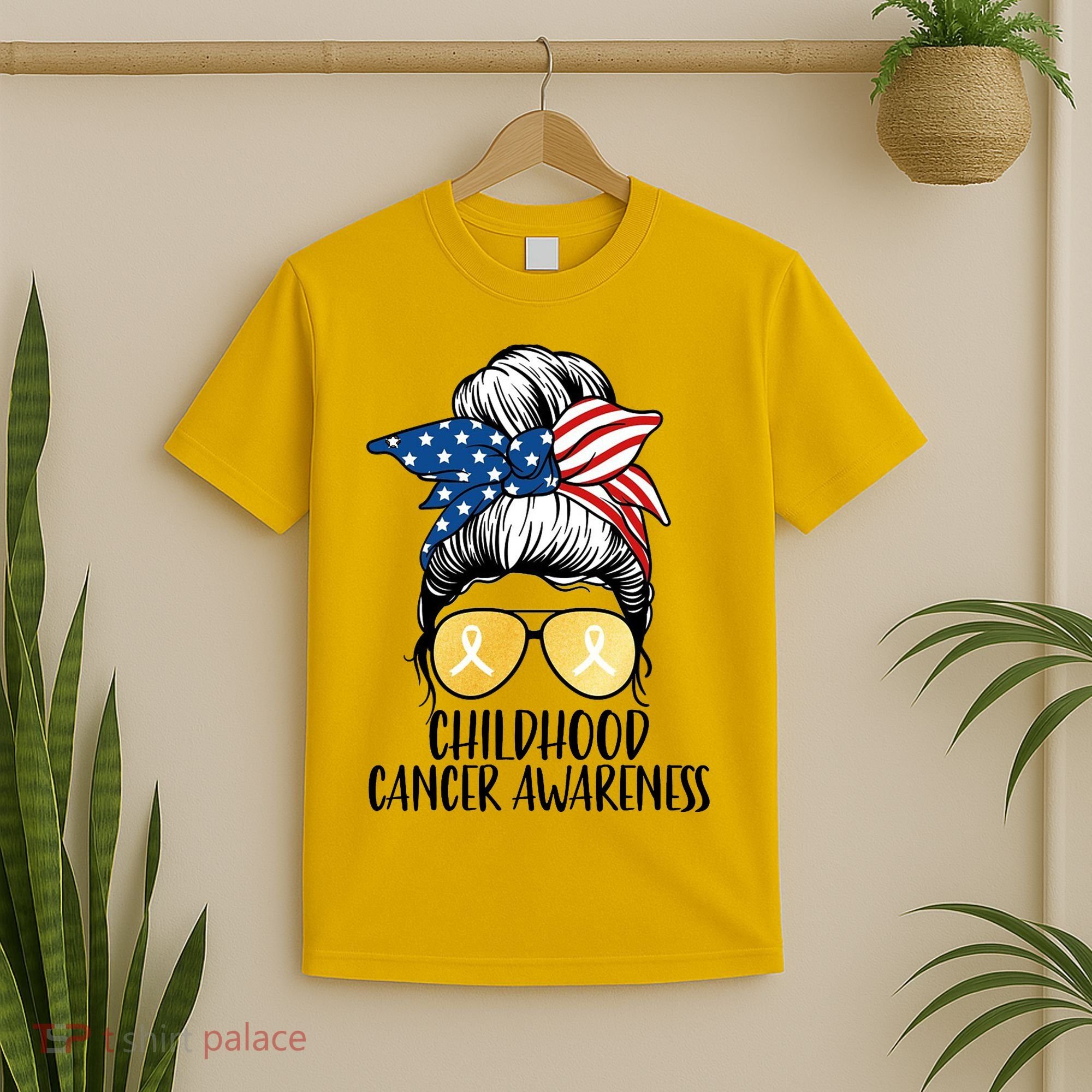 Childhood Cancer Awareness Gold Ribbon Messy Bun T-Shirt