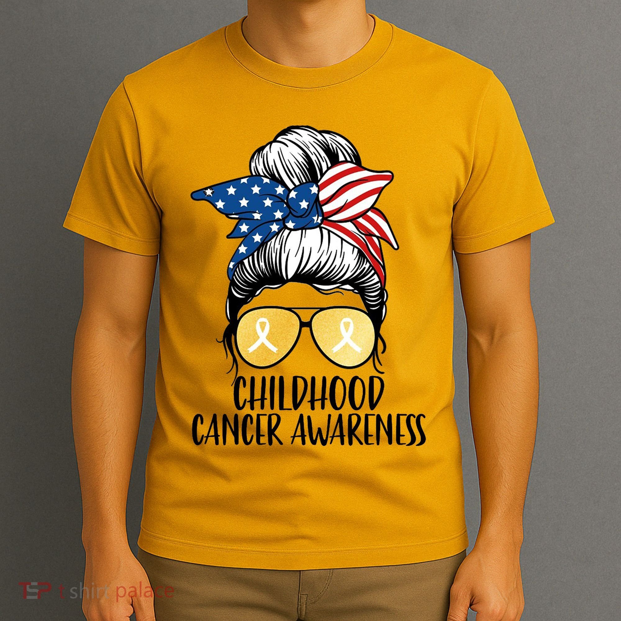 Childhood Cancer Awareness Gold Ribbon Messy Bun T-Shirt