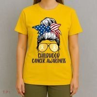 Childhood Cancer Awareness Gold Ribbon Messy Bun T-Shirt thumb 4