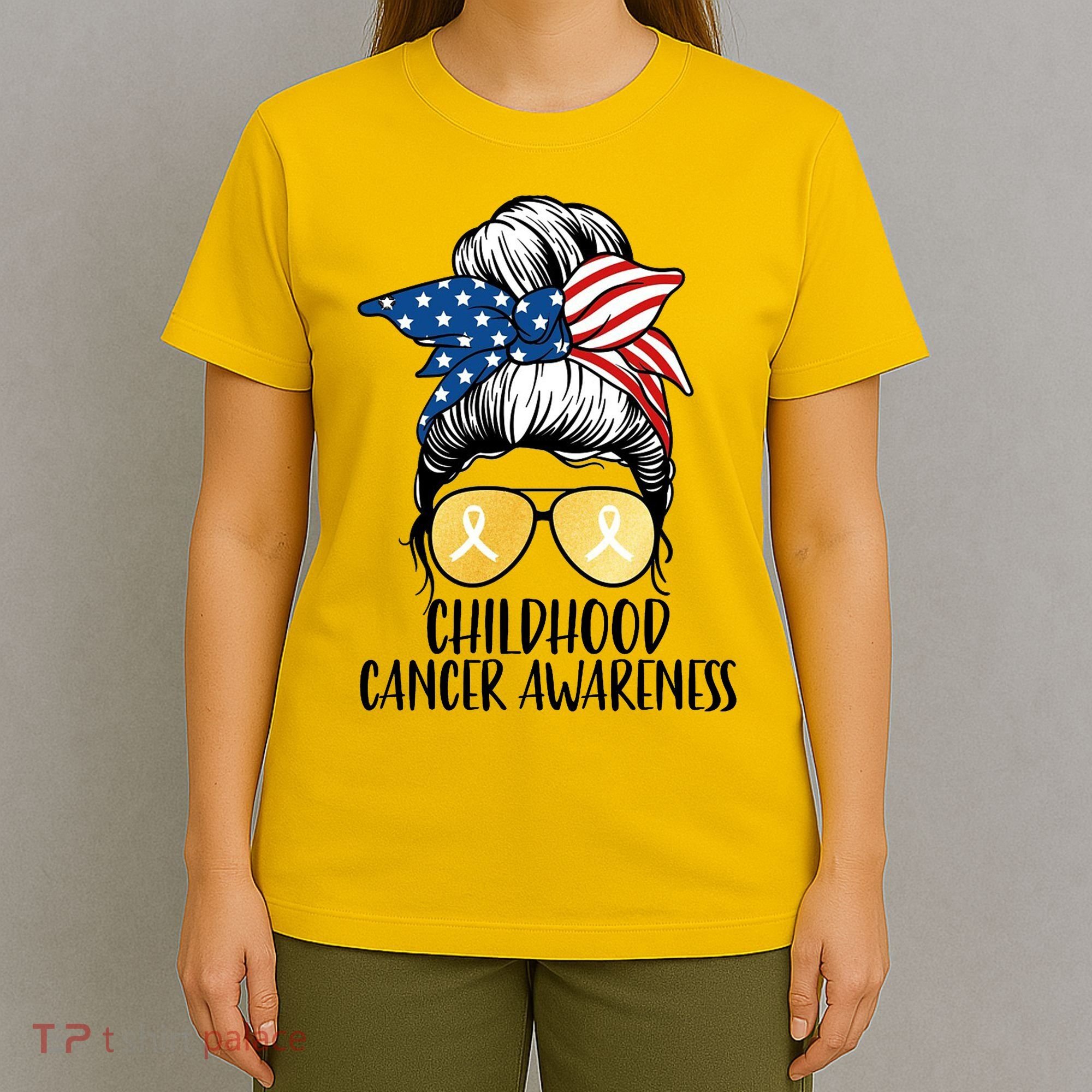 Childhood Cancer Awareness Gold Ribbon Messy Bun T-Shirt