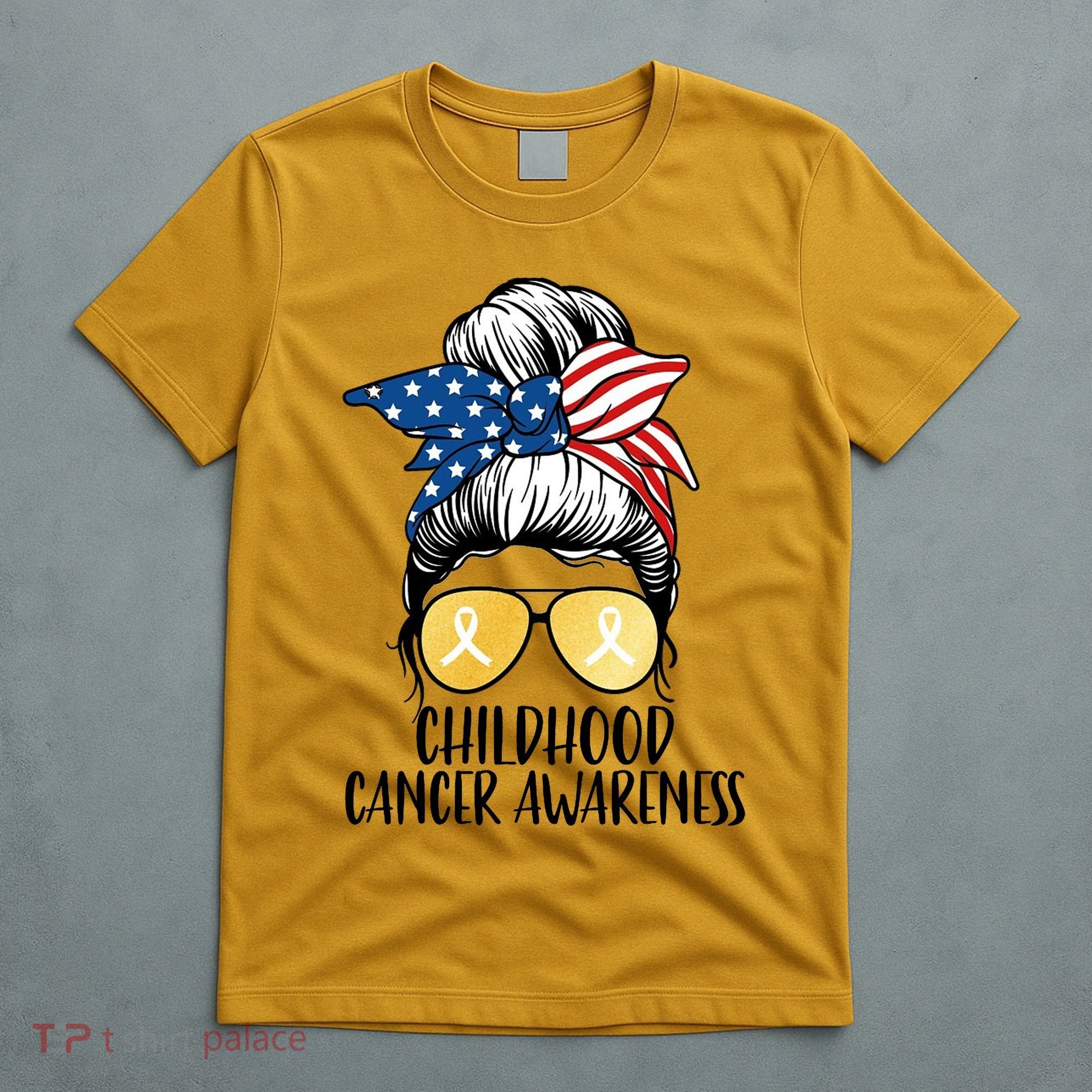 Childhood Cancer Awareness Gold Ribbon Messy Bun T-Shirt