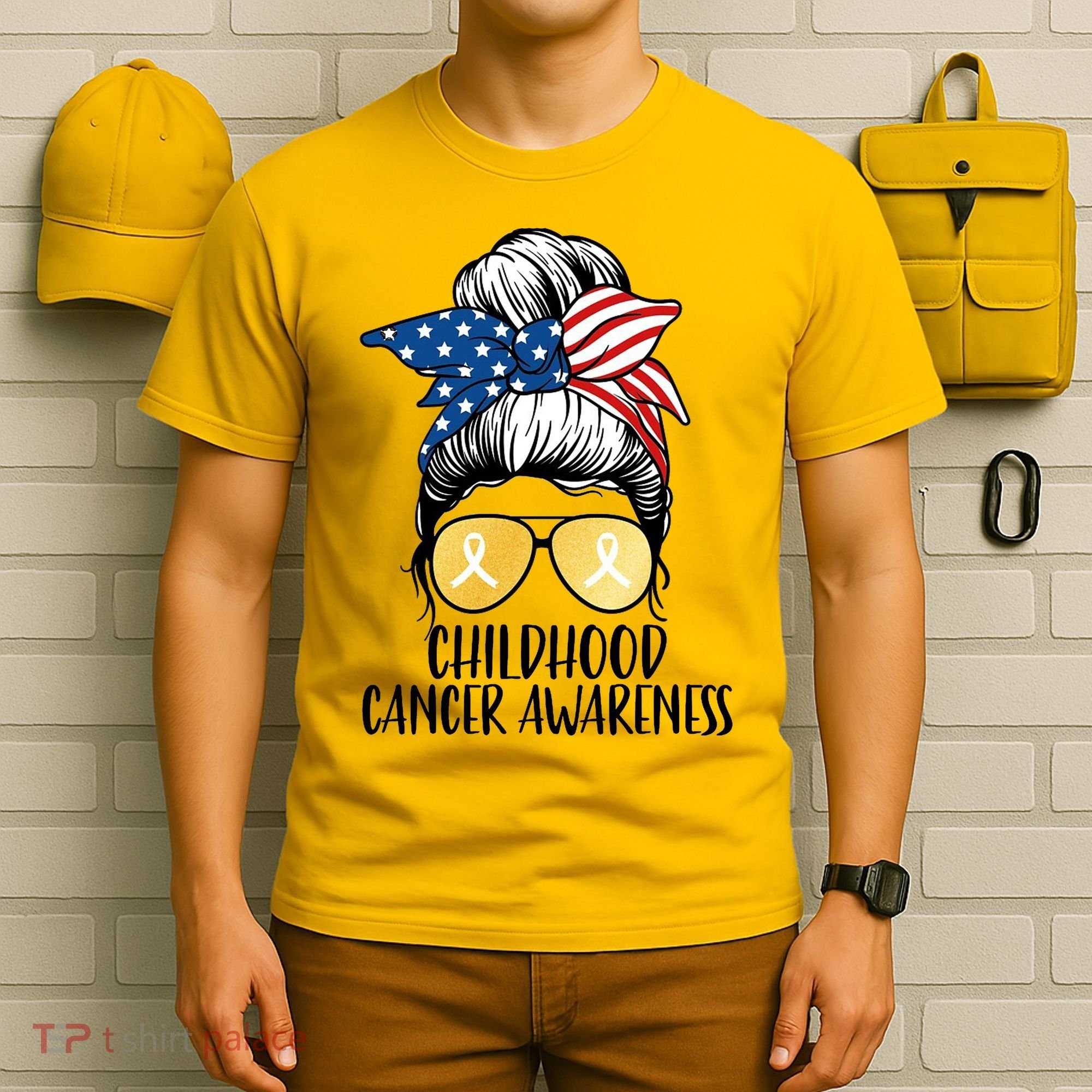 Childhood Cancer Awareness Gold Ribbon Messy Bun T-Shirt