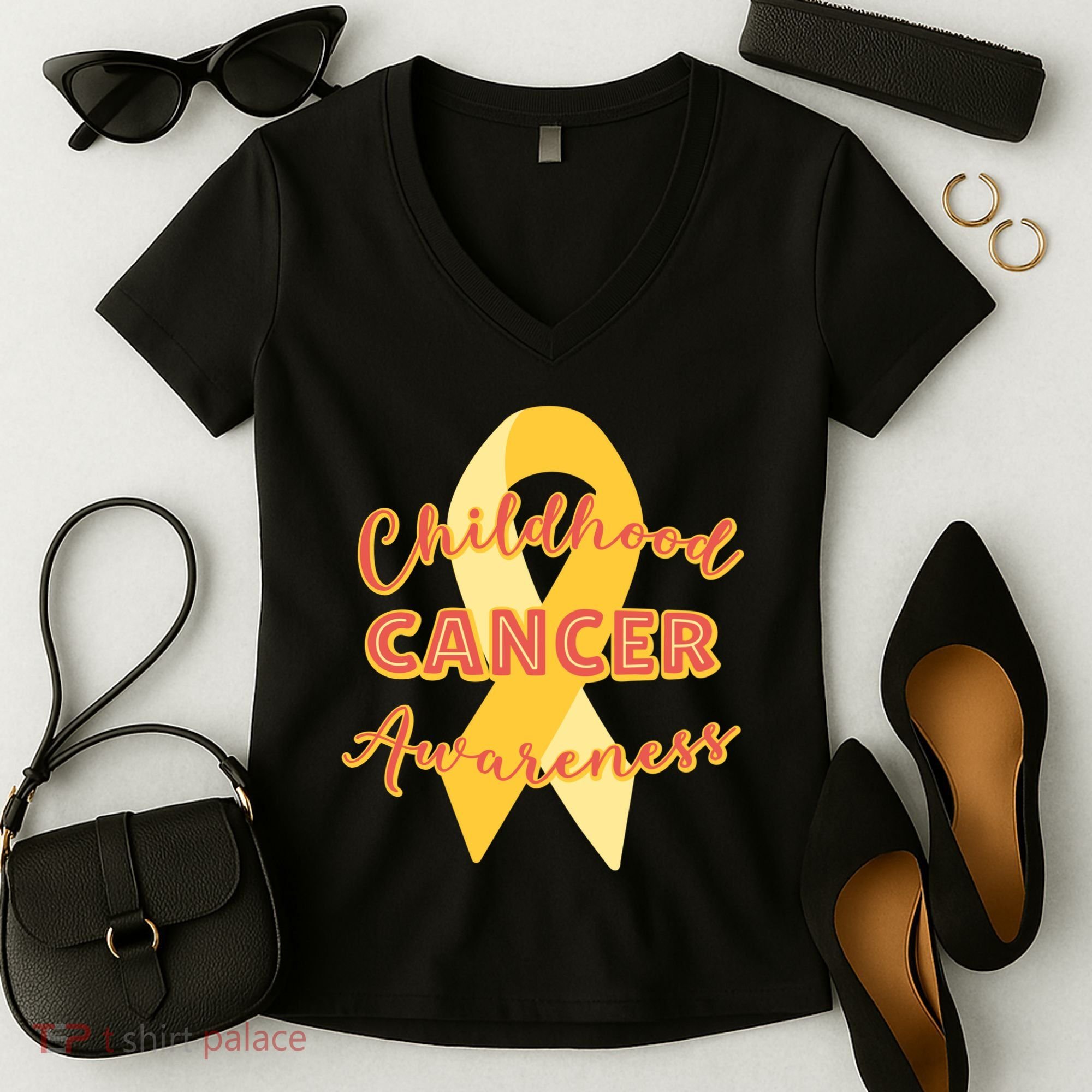 Childhood Cancer Awarebess Golden Gold Robbon Women's V-Neck T-Shirt