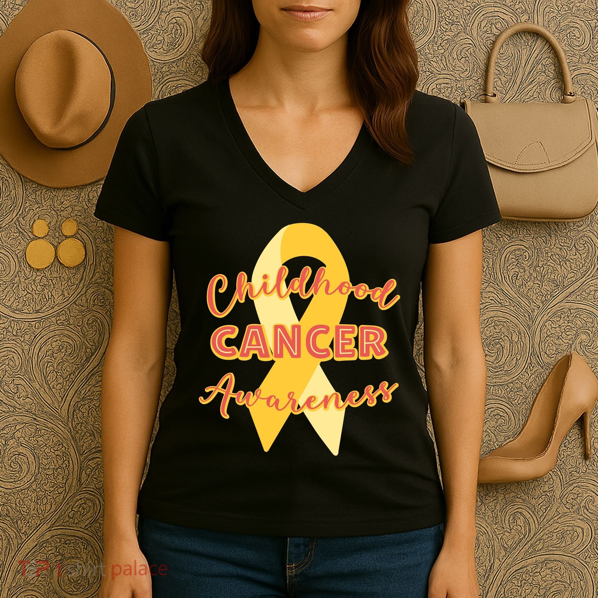 Childhood Cancer Awarebess Golden Gold Robbon Women's V-Neck T-Shirt