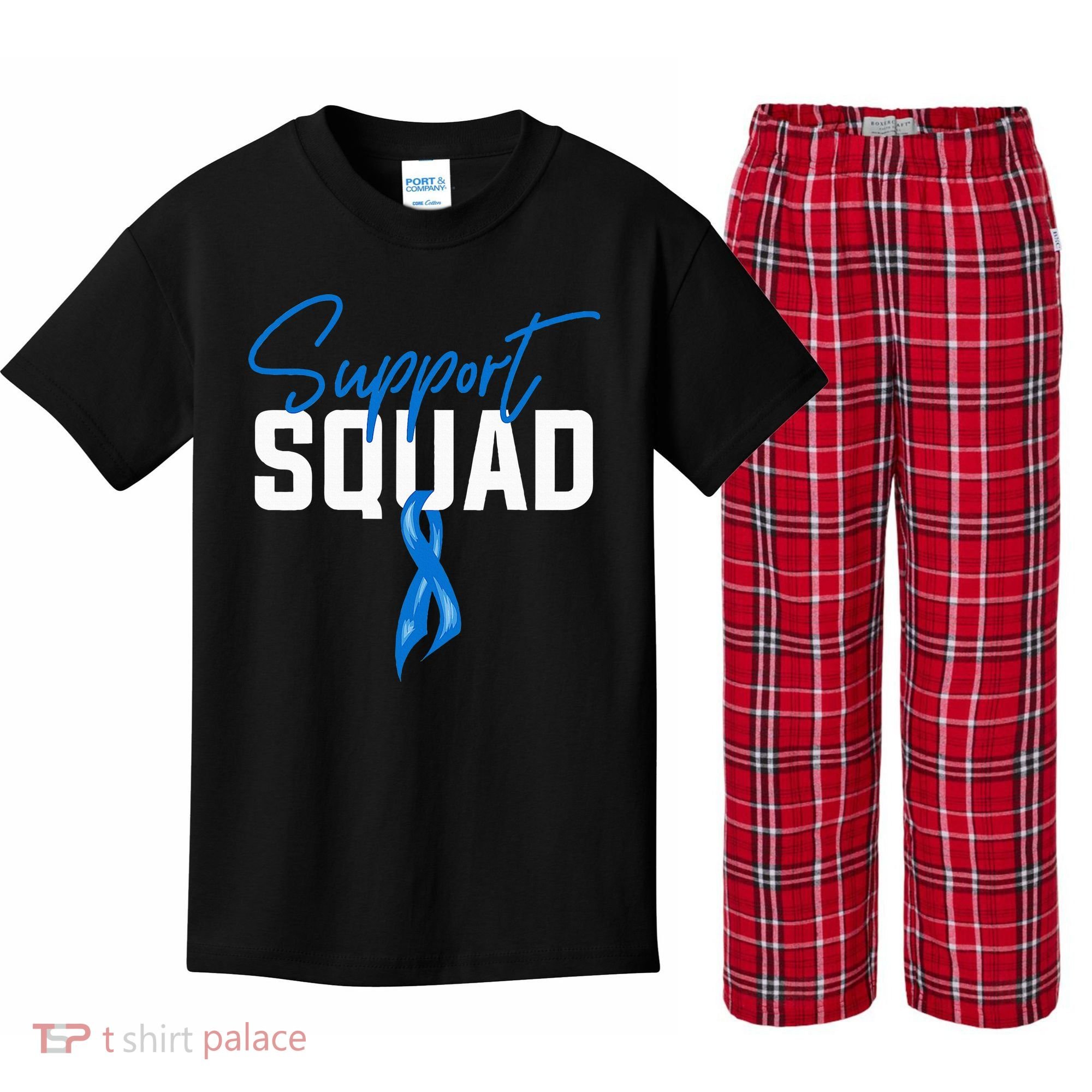 Colon Cancer Awareness Support Squad Blue Ribbon Kids Plaid Pajama Set