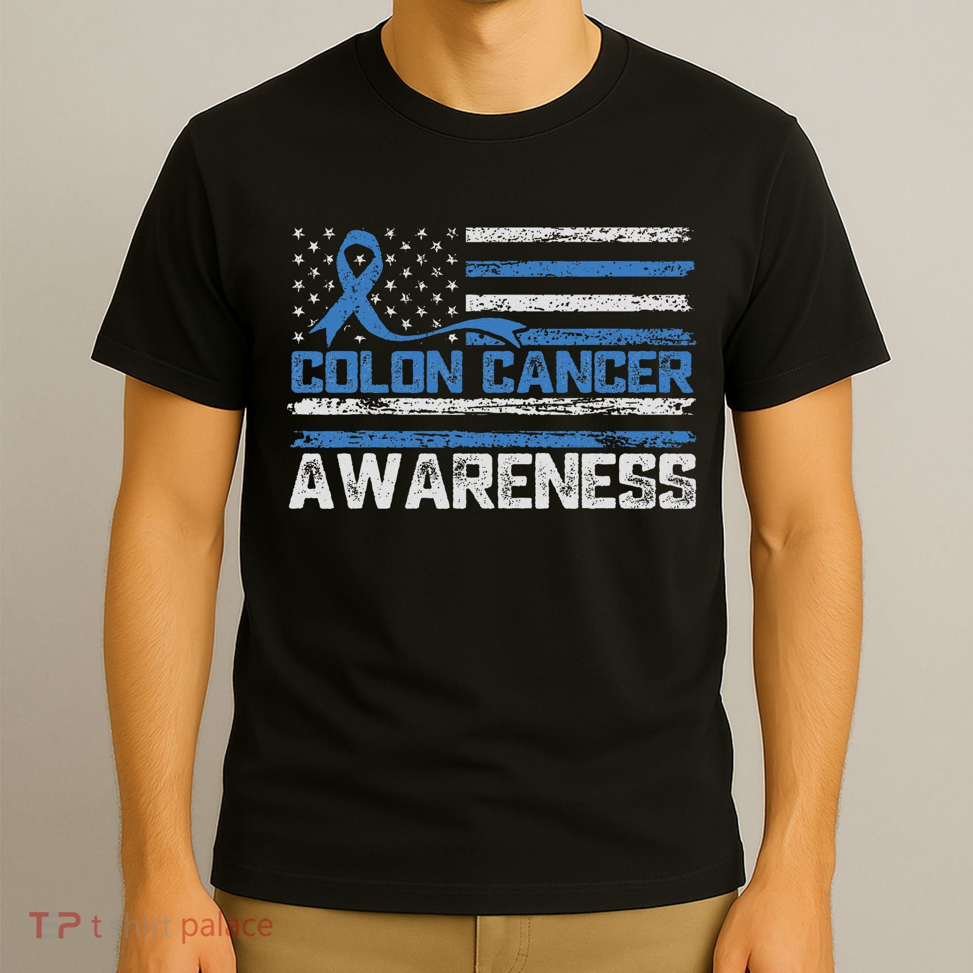 Colon Cancer Awareness Month American Flag Ribbon T-Shirt