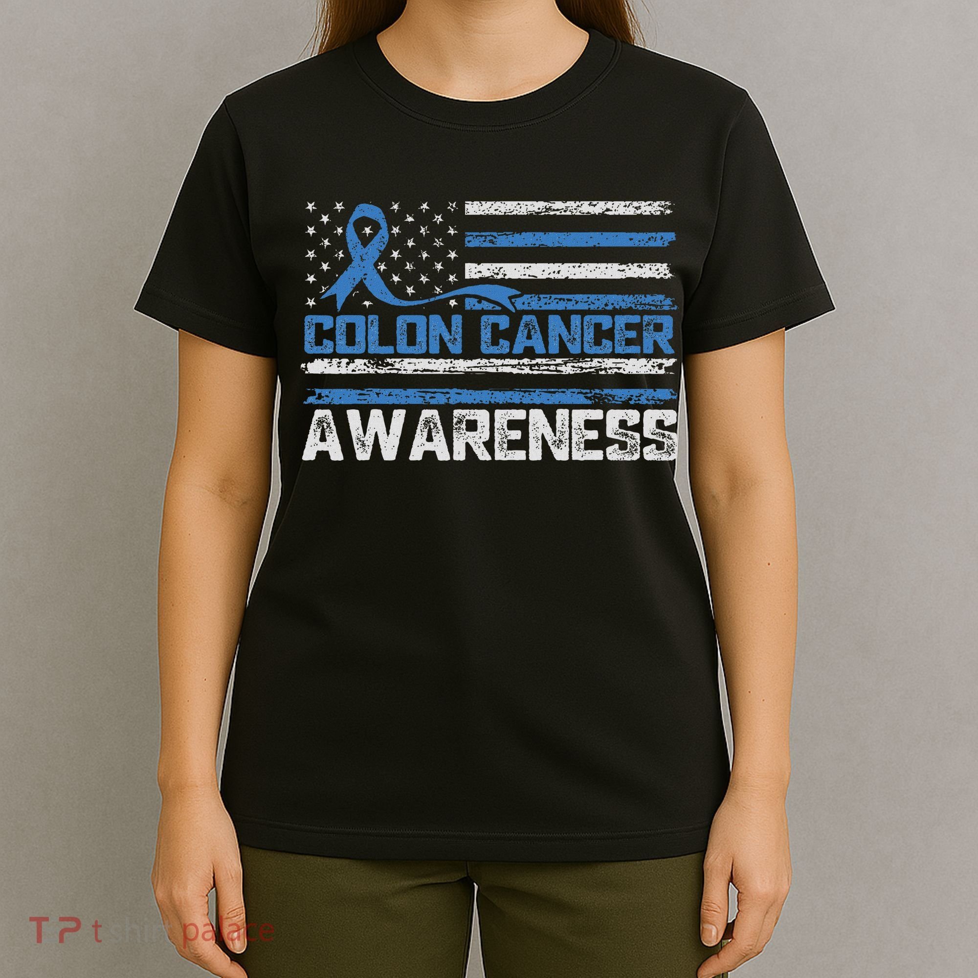 Colon Cancer Awareness Month American Flag Ribbon T-Shirt